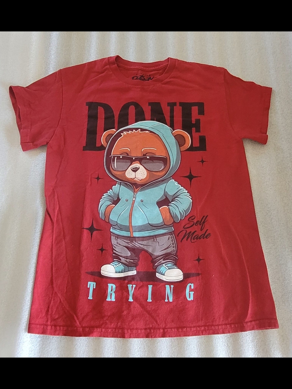 Kids Red Graphic Tee with Bear in Teal Hoodie
